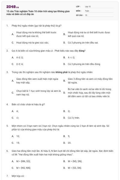15 câu Trắc nghiệm Toán 10 chân trời sáng tạo Không gian mẫu và biến cố có đáp án