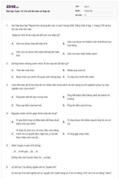 Bài tập Tuần 13: Có chí thì nên có đáp án