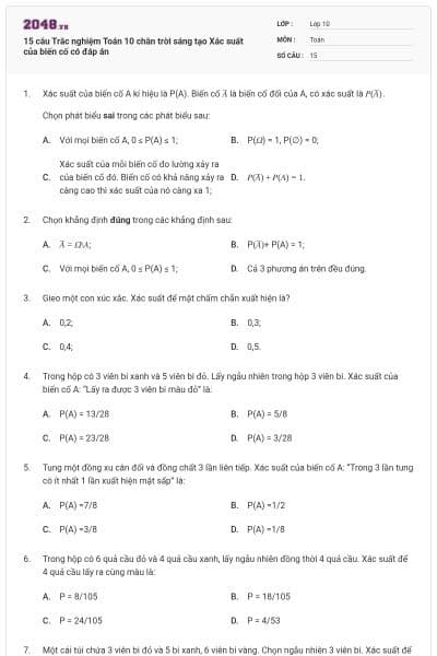 15 câu Trắc nghiệm Toán 10 chân trời sáng tạo Xác suất của biến cố có đáp án