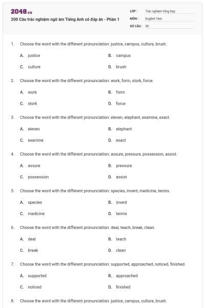200 Câu trắc nghiệm ngữ âm Tiếng Anh có đáp án - Phần 1