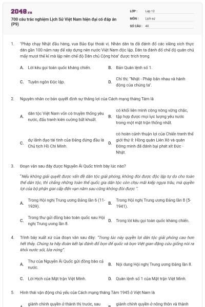 700 câu trắc nghiệm Lịch Sử Việt Nam hiện đại có đáp án (P9)