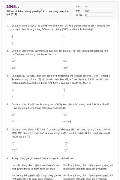 Bài tập Hình học không gian lớp 11 cơ bản, nâng cao có lời giải (P11)