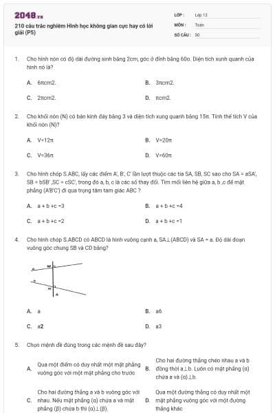 210 câu trắc nghiêm Hình học không gian cực hay có lời giải (P5)