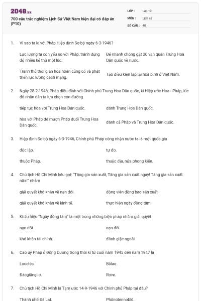 700 câu trắc nghiệm Lịch Sử Việt Nam hiện đại có đáp án (P10)