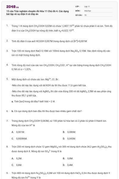 15 câu Trắc nghiệm chuyên đề Hóa 11 Chủ đề 4. Các dạng bài tập về sự điện li có đáp án