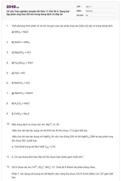 24 câu Trắc nghiệm chuyên đề Hóa 11 Chủ đề 5. Dạng bài tập phản ứng trao đổi ion trong dung dịch có đáp án