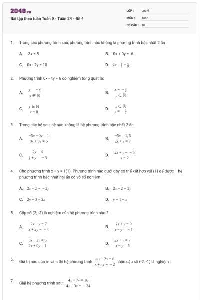 Bài tập theo tuần Toán 9 - Tuần 24 - Đề 4