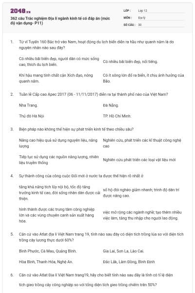362 câu Trắc nghiệm Địa lí ngành kinh tế có đáp án (mức độ vận dụng- P11)