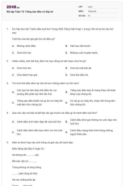 Bài tập Tuần 15: Tiếng sáo diều có đáp án