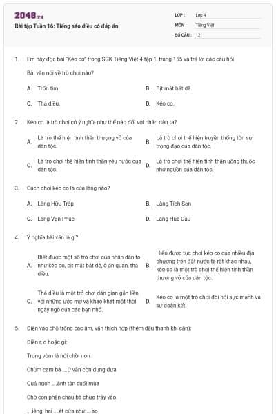 Bài tập Tuần 16: Tiếng sáo diều có đáp án