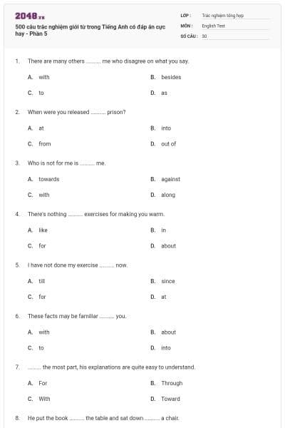 500 câu trắc nghiệm giới từ trong Tiếng Anh có đáp án cực hay - Phần 5