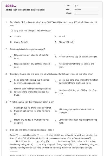 Bài tập Tuần 17: Tiếng sáo diều có đáp án