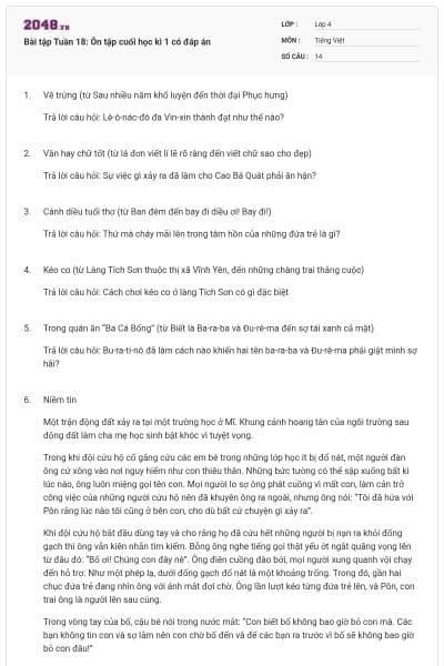 Bài tập Tuần 18: Ôn tập cuối học kì 1 có đáp án