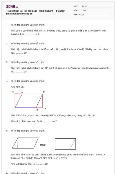 Trắc nghiệm Bài tập nâng cao Hình bình hành – Diện tích hình bình hành có đáp án