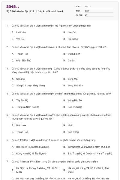 Bộ 5 Đề kiểm tra Địa lý 12 có đáp án - Đề minh họa 4