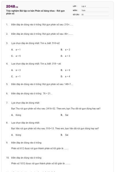 Trắc nghiệm Bài tập cơ bản Phân số bằng nhau - Rút gọn phân số