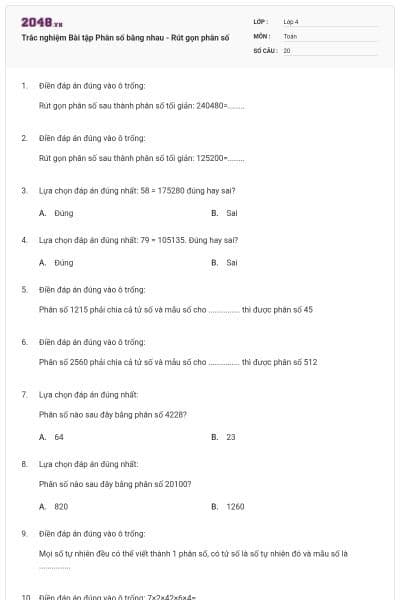 Trắc nghiệm Bài tập Phân số bằng nhau - Rút gọn phân số