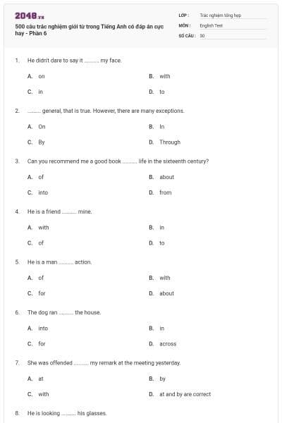 500 câu trắc nghiệm giới từ trong Tiếng Anh có đáp án cực hay - Phần 6