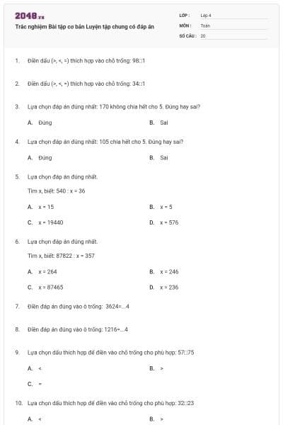 Trắc nghiệm Bài tập cơ bản Luyện tập chung có đáp án