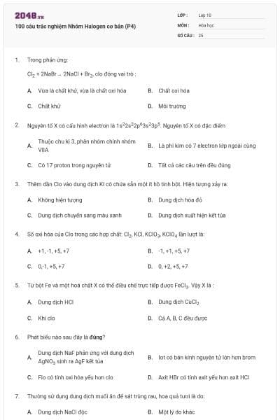 100 câu trắc nghiệm Nhóm Halogen cơ bản (P4)