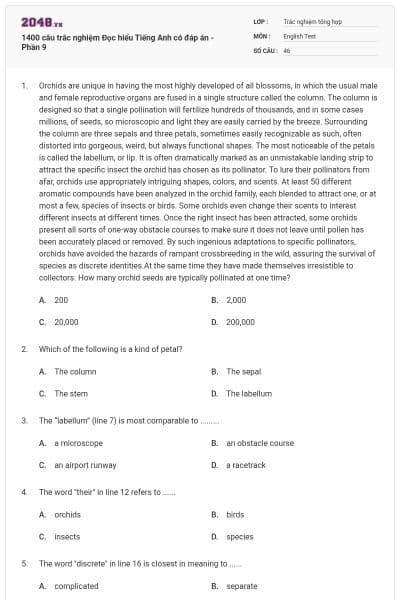 1400 câu trắc nghiệm Đọc hiểu Tiếng Anh có đáp án - Phần 9