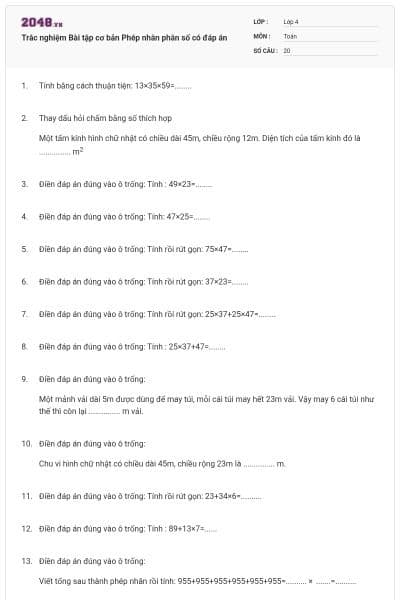 Trắc nghiệm Bài tập cơ bản Phép nhân phân số có đáp án