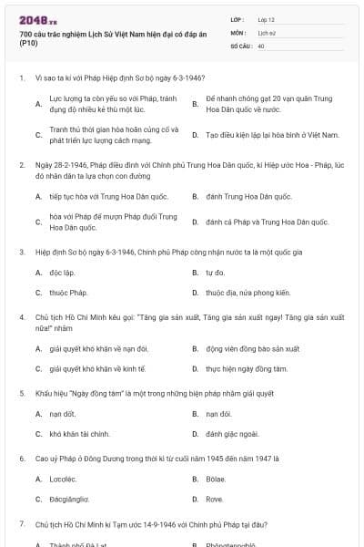 700 câu trắc nghiệm Lịch Sử Việt Nam hiện đại có đáp án (P10)