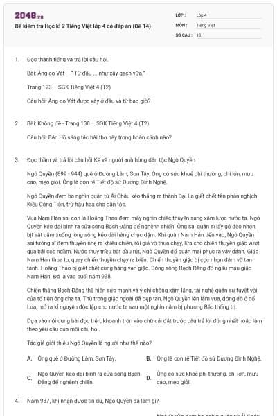 Đề kiểm tra Học kì 2 Tiếng Việt lớp 4 có đáp án (Đề 14)