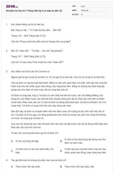 Đề kiểm tra Học kì 2 Tiếng Việt lớp 4 có đáp án (Đề 16)