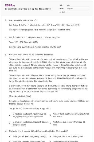 Đề kiểm tra Học kì 2 Tiếng Việt lớp 4 có đáp án (Đề 18)