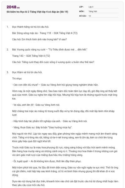 Đề kiểm tra Học kì 2 Tiếng Việt lớp 4 có đáp án (Đề 19)