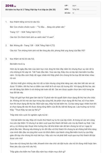 Đề kiểm tra Học kì 2 Tiếng Việt lớp 4 có đáp án (Đề 20)