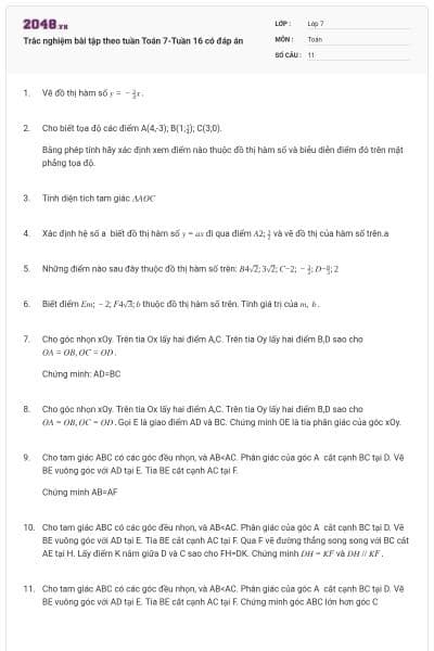 Trắc nghiệm bài tập theo tuần Toán 7-Tuần 16 có đáp án