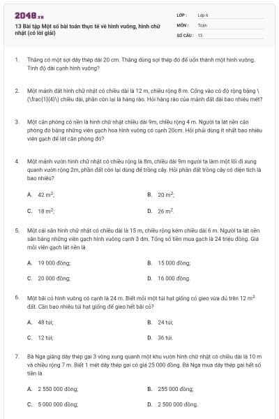 13 Bài tập Một số bài toán thực tế về hình vuông, hình chữ nhật (có lời giải)