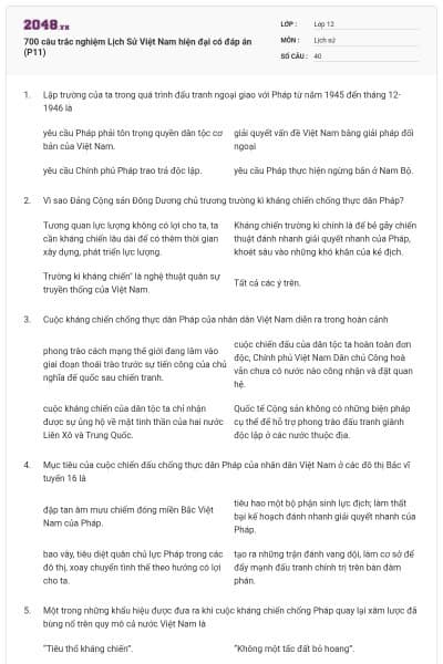 700 câu trắc nghiệm Lịch Sử Việt Nam hiện đại có đáp án (P11)