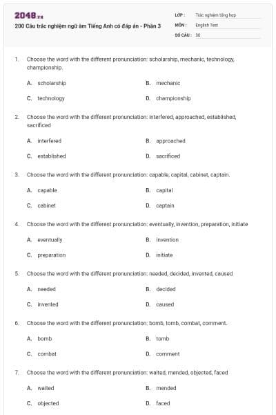 200 Câu trắc nghiệm ngữ âm Tiếng Anh có đáp án - Phần 3