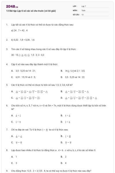 13 Bài tập Lập tỉ số các số cho trước (có lời giải)