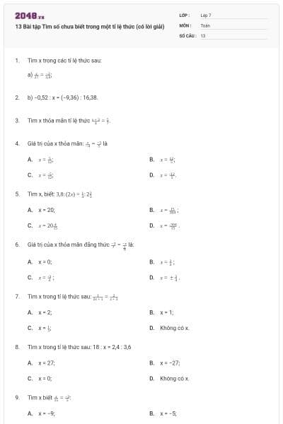 13 Bài tập Tìm số chưa biết trong một tỉ lệ thức (có lời giải)
