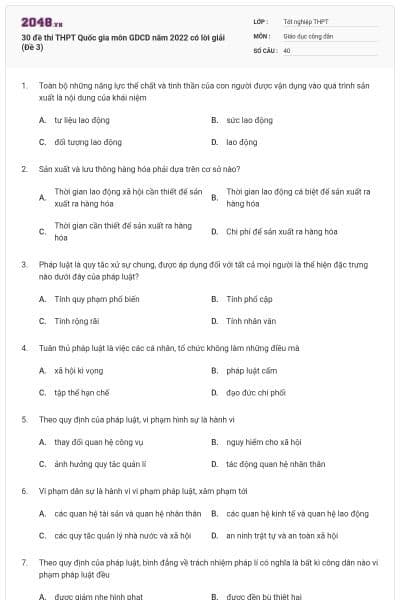 30 đề thi THPT Quốc gia môn GDCD năm 2022 có lời giải (Đề 3)