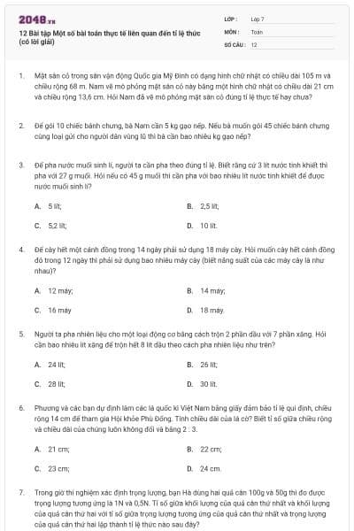 12 Bài tập Một số bài toán thực tế liên quan đến tỉ lệ thức (có lời giải)