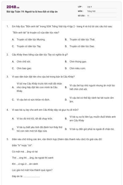 Bài tập Tuần 19: Người ta là hoa đất có đáp án