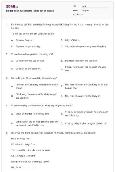 Bài tập Tuần 20: Người ta là hoa đất có đáp án