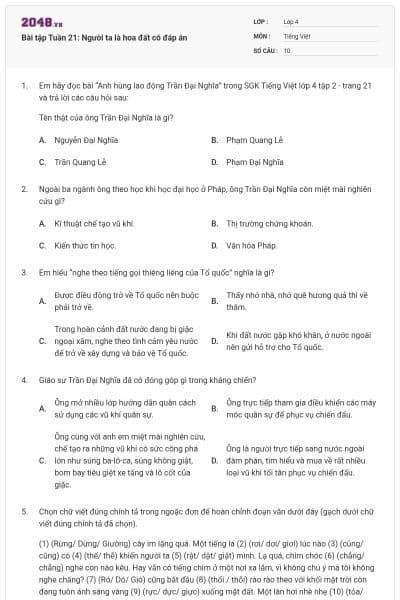 Bài tập Tuần 21: Người ta là hoa đất có đáp án