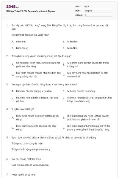 Bài tập Tuần 22: Vẻ đẹp muôn màu có đáp án