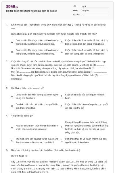 Bài tập Tuần 26: Những người quả cảm có đáp án