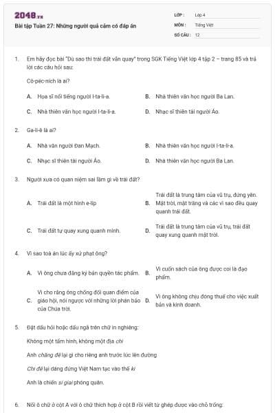 Bài tập Tuần 27: Những người quả cảm có đáp án