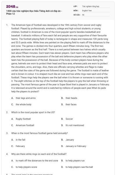 1400 câu trắc nghiệm Đọc hiểu Tiếng Anh có đáp án - Phần 12