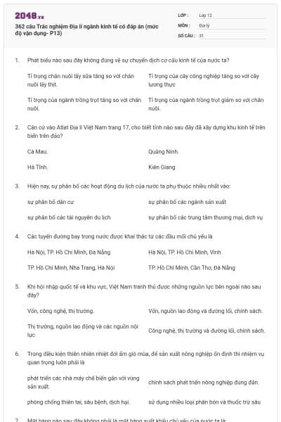 362 câu Trắc nghiệm Địa lí ngành kinh tế có đáp án (mức độ vận dụng- P13)