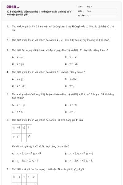 12 Bài tập Biểu diễn quan hệ tỉ lệ thuận và xác định hệ số tỉ lệ thuận (có lời giải)