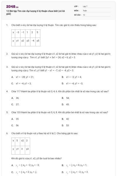 12 Bài tập Tìm các đại lượng tỉ lệ thuận chưa biết (có lời giải)